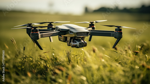 Modern drone hovers above lush meadow closeup image. UAV with camera close up photography marketing. Environmental monitoring concept photo realistic. Landscape picture photorealistic