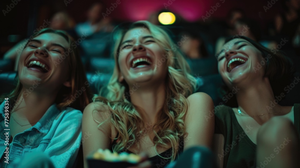 Three women laughing while watching a movie. Suitable for entertainment industry promotions