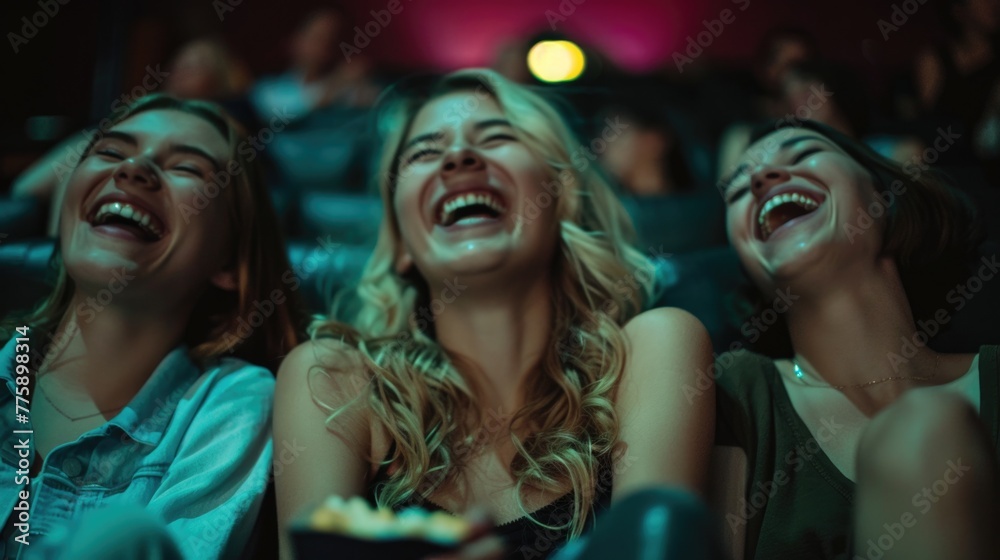 Three women laughing while watching a movie. Suitable for entertainment industry promotions Three women laughing while watching a movie. Suitable for entertainment industry promotions