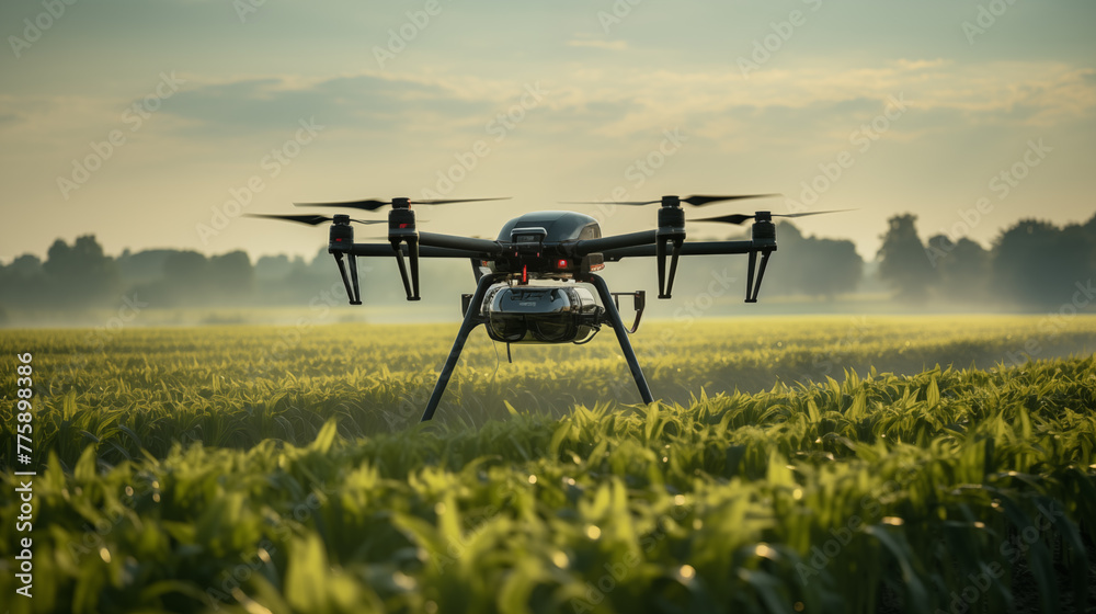Agricultural drone flies over cornfield closeup image. UAV with advanced sensors close up photography marketing. Technology concept photo realistic. Serenity of farmland picture