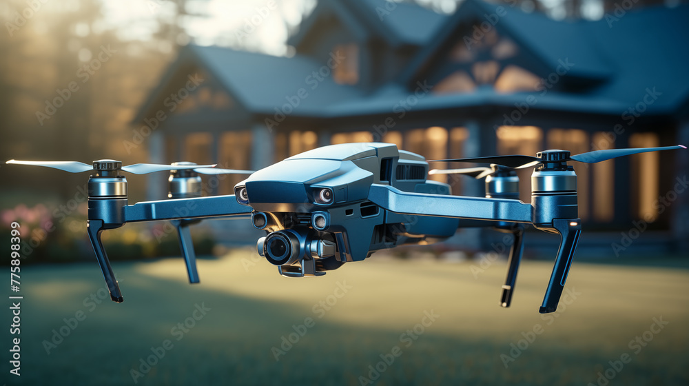 Suspended in air sleek blue drone outdoors closeup image. Real estate UAV close up photography marketing. Technology concept photo realistic. Residential surveillance house picture