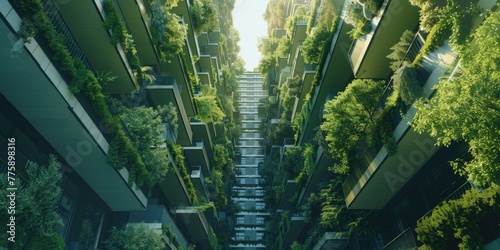 A unique tall building covered in lush green trees. Perfect for architecture and nature concepts