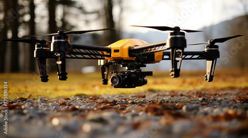 Yellow drone hovering close to ground closeup image. Ready camera UAV close up photography marketing. Technology concept photo realistic. Morning quadcopter blades picture photorealistic photo