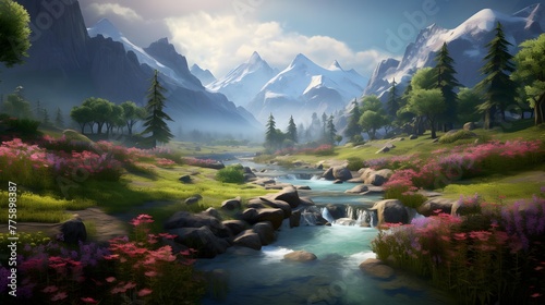 Panoramic view of the beautiful spring landscape with a mountain river