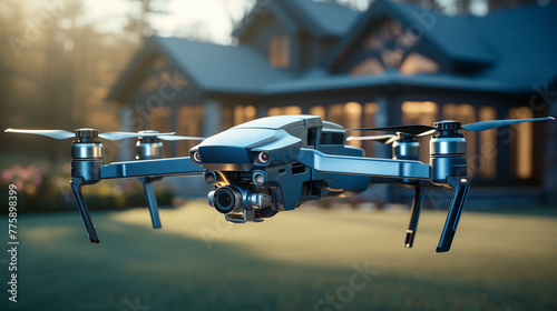 Suspended in air sleek blue drone outdoors closeup image. Real estate UAV close up photography marketing. Technology concept photo realistic. Residential surveillance house picture