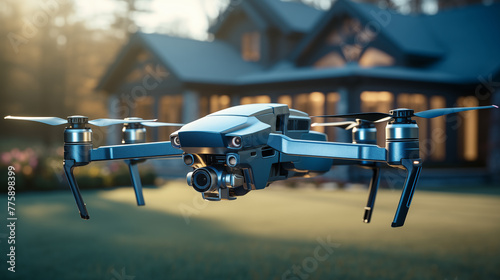 Obraz na płótnie Suspended in air sleek blue drone outdoors closeup image. Real estate UAV close up photography marketing. Technology concept photo realistic. Residential surveillance house picture w salonie