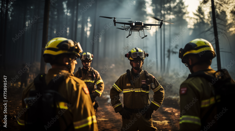 Drone above firefighters in smoke-filled forest photo realistic image. Wildfire management photography wallpaper. First responders picture scene. Emergency service concept photorealistic Drone above firefighters in smoke-filled forest photo realistic image. Wildfire management photography wallpaper. First responders picture scene. Emergency service concept photorealistic
