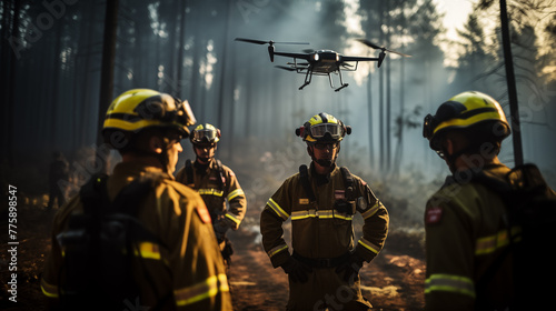 Drone above firefighters in smoke-filled forest photo realistic image. Wildfire management photography wallpaper. First responders picture scene. Emergency service concept photorealistic photo
