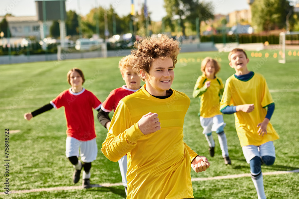 Obraz premium A lively group of young boys joyfully running around a soccer field, kicking the ball, laughing, and chasing each other in friendly competition.