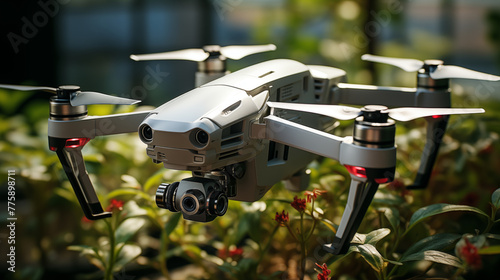 High-tech drone amongst vibrant greenery closeup image. UAV close up photography marketing. Technology in nature concept photo realistic. Eco-friendly surveying picture photorealistic