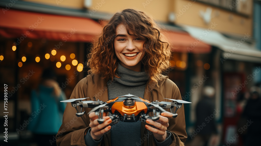 Smiling curly-haired woman joyfully presents drone portrait image. Vibrant urban outdoor photography. Quadcopter closeup picture photorealistic. Technology concept photo realistic