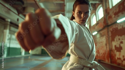 A woman in a white karate outfit holding a pair of scissors. Suitable for martial arts or DIY concepts