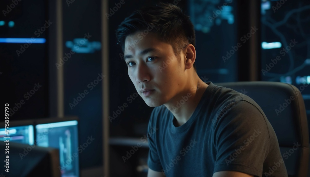 Young Asian Programmer Coding on Laptop in Dimly Lit Room, Unveiling the World of Hacking, Exploring Cybercrime and Technology Young Asian Programmer Coding on Laptop in Dimly Lit Room, Unveiling the World of Hacking, Exploring Cybercrime and Technology