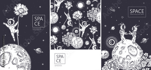 Set of space banners. Space background. Astronaut, flower and planet.