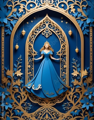 An intricate paper art piece showcasing a princess in a blue gown set within a gothic arch, blending craftsmanship and fairy tale imagination