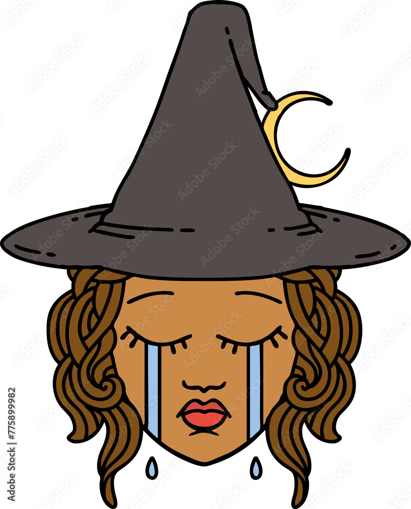 Retro Tattoo Style crying human witch character