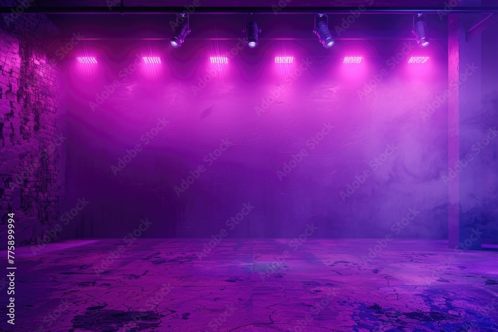 A stage illuminated with purple lights and smoke effects. Suitable for concert or event backgrounds - obrazy, fototapety, plakaty 