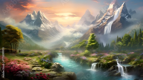 Panoramic image of a beautiful mountain landscape with a river and a waterfall © Iman