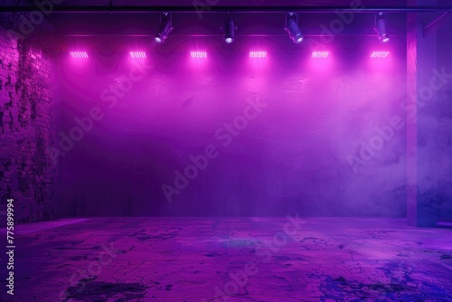 A stage illuminated with purple lights and smoke effects. Suitable for concert or event backgrounds