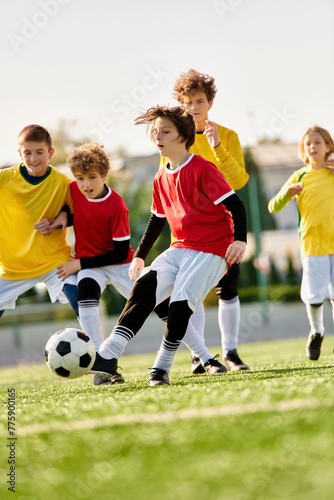 A group of energetic young children enthusiastically playing a game of soccer on a grassy field. They are kicking a colorful ball, running, laughing, and cheering each other on.