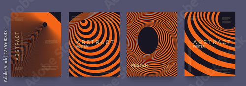 Set Black, Orange Circle Swirl Line. Abstract Tech Futuristic Background in 80s-90s for Promo, Banner, Poster, Card, Cover. 3d Pattern Vector Illustration in Cyber Concept World Digital Technology.