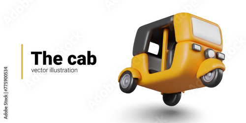 Yellow realistic Asian taxi in motion. Three wheeled autorickshaw, electric vehicle