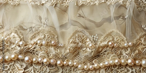 Vintage lace and pearls, elegant close-up, textured background for banner 