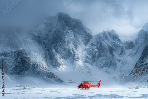 A red rescue helicopter during search and rescue work in the mountains. A helicopter searching for people in mountain forests. Search and rescue in mountains.