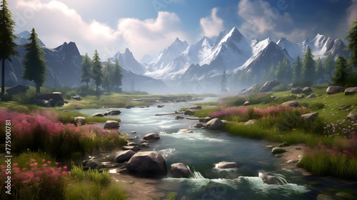 Beautiful panoramic view of the mountain river. Summer landscape.