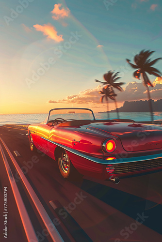 Convertible overtaking, golden hour light, rear curtain finesse, freedom theme, coastal road