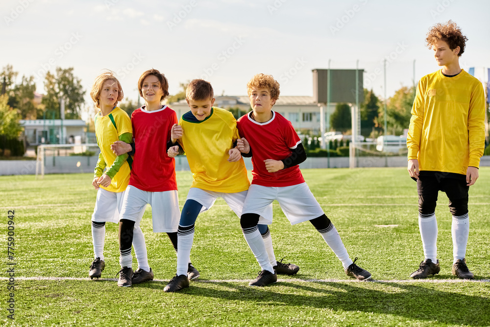 A vibrant group of youthful individuals stands proudly on the top of a soccer field, exuding energy and enthusiasm. 