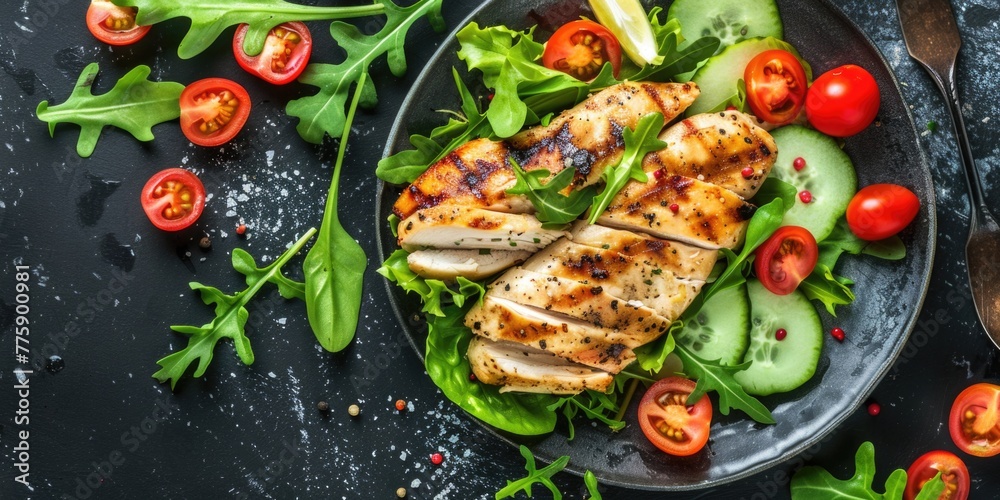 A plate of chicken, lettuce, tomatoes, and cucumbers. Ideal for food blogs and healthy lifestyle articles A plate of chicken, lettuce, tomatoes, and cucumbers. Ideal for food blogs and healthy lifestyle articles