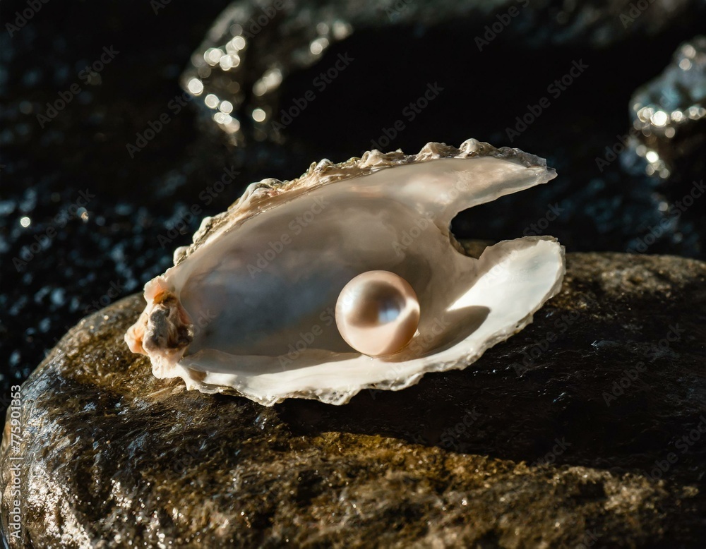 An Open Oyster Shell On A Dark Wet Rock Revealing A Perfect Pearl an-open-oyster-shell-on-a-dark-wet-rock-revealing-a-perfect-pearl