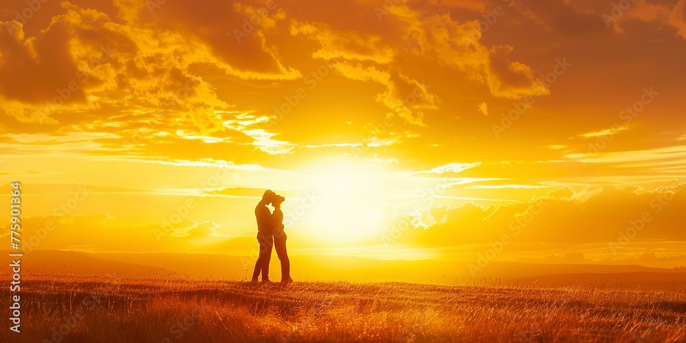 Golden sunset, silhouette of couple embracing, wide banner format