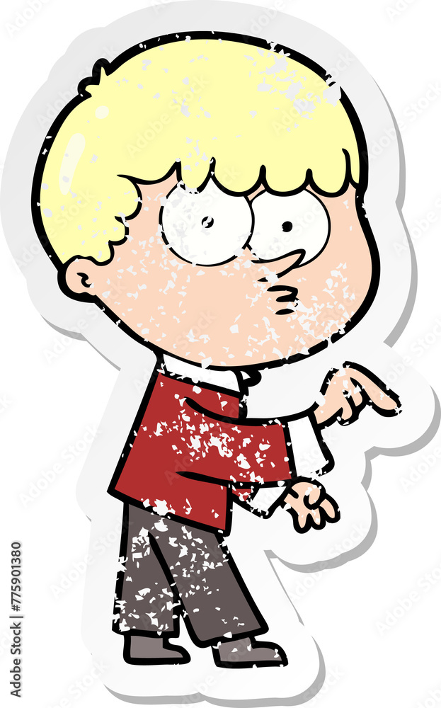 distressed sticker of a cartoon curious boy distressed sticker of a cartoon curious boy