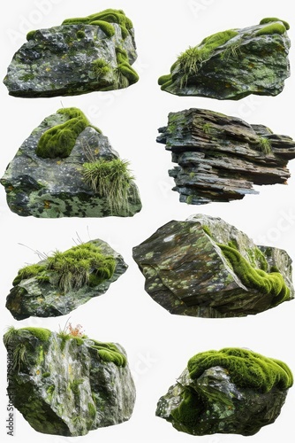 A bunch of rocks covered in green moss. Suitable for nature and outdoor themed designs