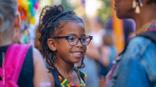 Close-up of a joyful young girl with glasses at a colorful outdoor festival