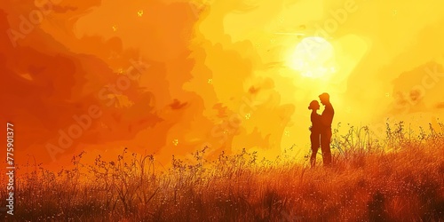Golden sunset, silhouette of couple embracing, wide banner format 