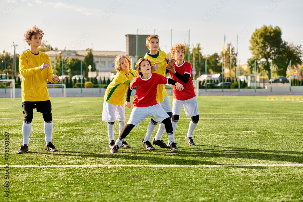 Obraz premium A diverse group of young people exude joy and triumph as they stand united on the summit of a soccer field, celebrating their victory together.