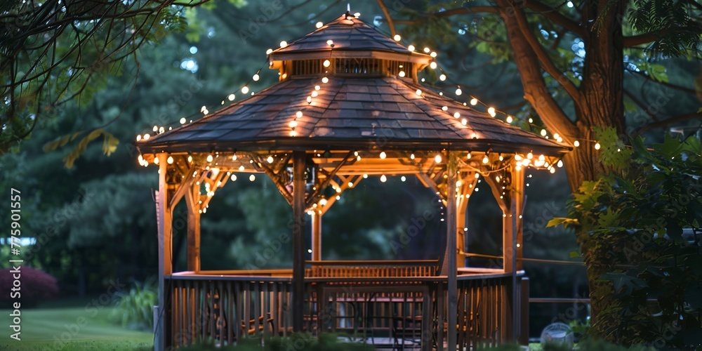 Gazebo with string lights at dusk, soft focus, perfect anniversary banner 