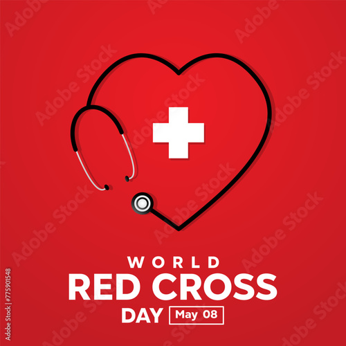 World Red Cross Day. Heart-shaped stethoscope and plus icon. Great for cards, banners, posters, social media and more. Red background.