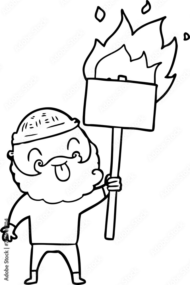 bearded protester cartoon with burning sign bearded protester cartoon with burning sign