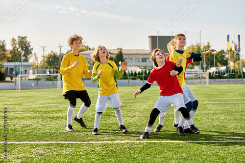 A dynamic group of young individuals is enthusiastically playing a game of soccer, running, passing, and shooting towards the goal in a competitive and fun-filled match.