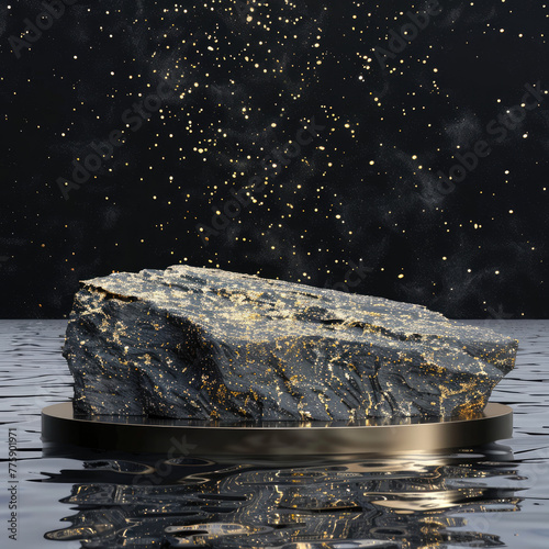 Round rough stone pedestal, black cylinder in dark water. Realistic illustration. Gold glitter decor design. Empty base for product promotion. Luxury golden mockup with rock shape podium	
