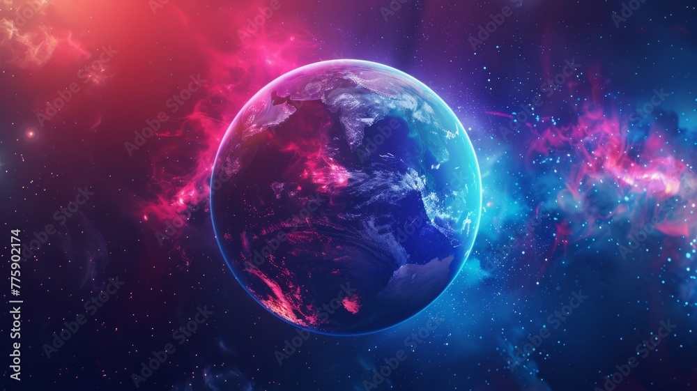 Glowing Planet Earth with Cosmic Lights - This image presents Earth emanating with a magical pink and blue cosmic light, set against a star-filled space backdrop