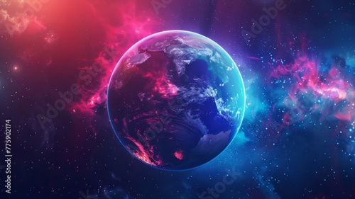 Glowing Planet Earth with Cosmic Lights - This image presents Earth emanating with a magical pink and blue cosmic light, set against a star-filled space backdrop