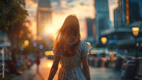 Solo Traveler: Woman Walking Along Sunset Cityscape