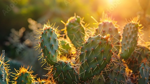 Cactuses in the desert at sunset. Beautiful natural background. copy space