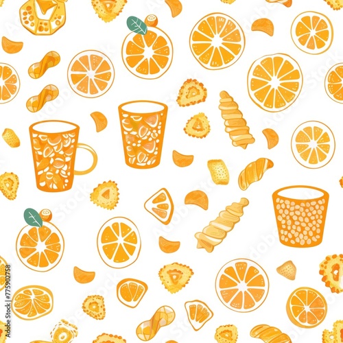 Fresh orange slices arranged with a cup of tea. Great for food and beverage concepts