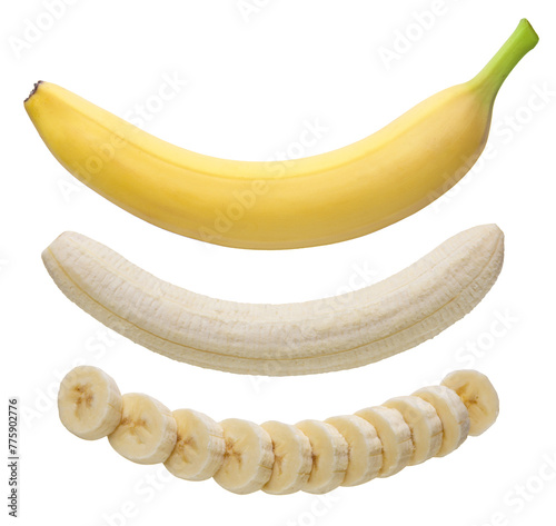 Set of banana, peeled and cut into pieces close-up on white background. Isolated